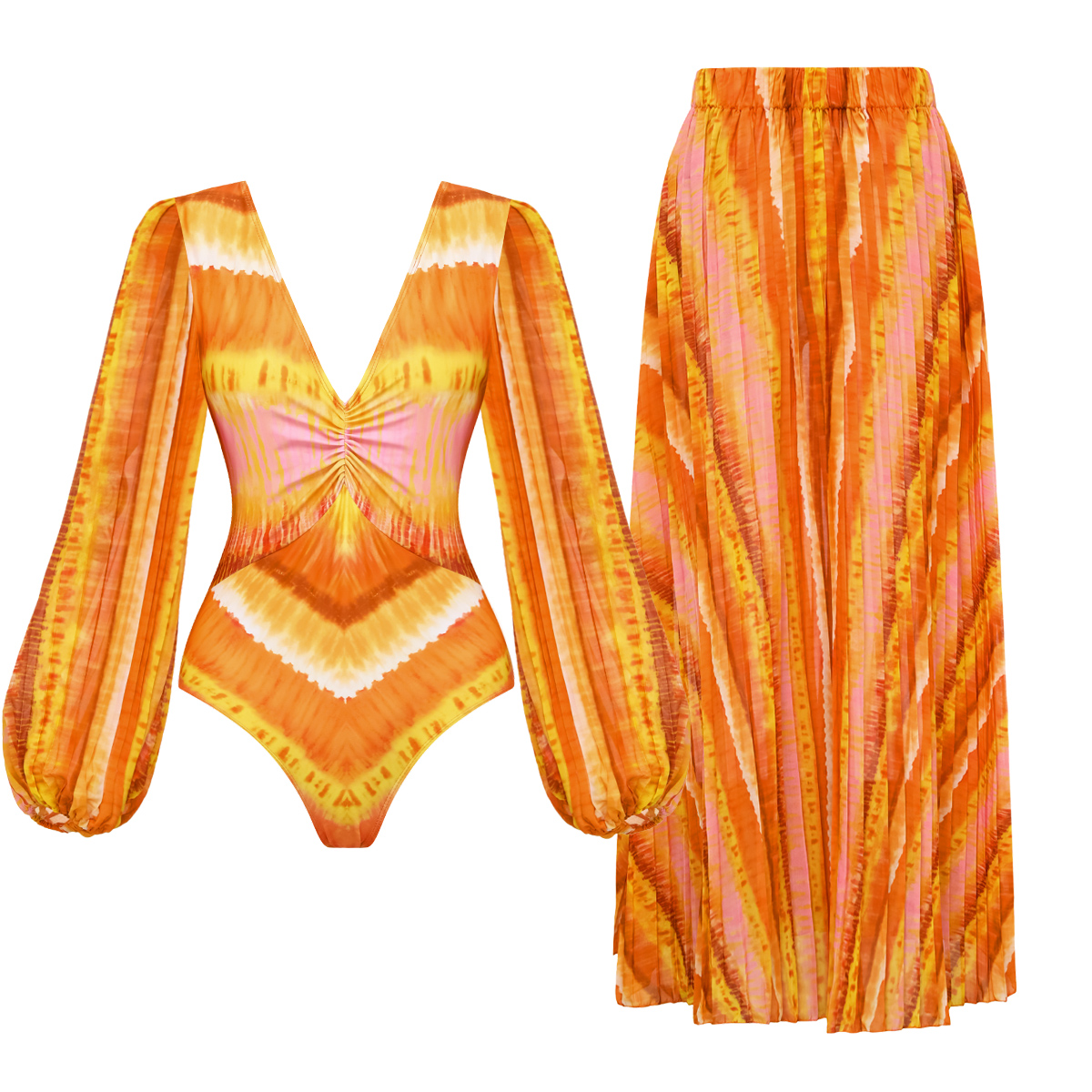 Long Sleeve V Neck Orange Gradient Print One Piece Swimsuit and Skirt