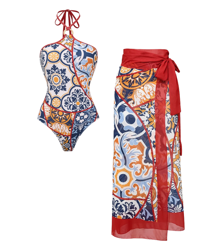Printed Halter One Piece Swimsuit and Sarong Flaxmaker