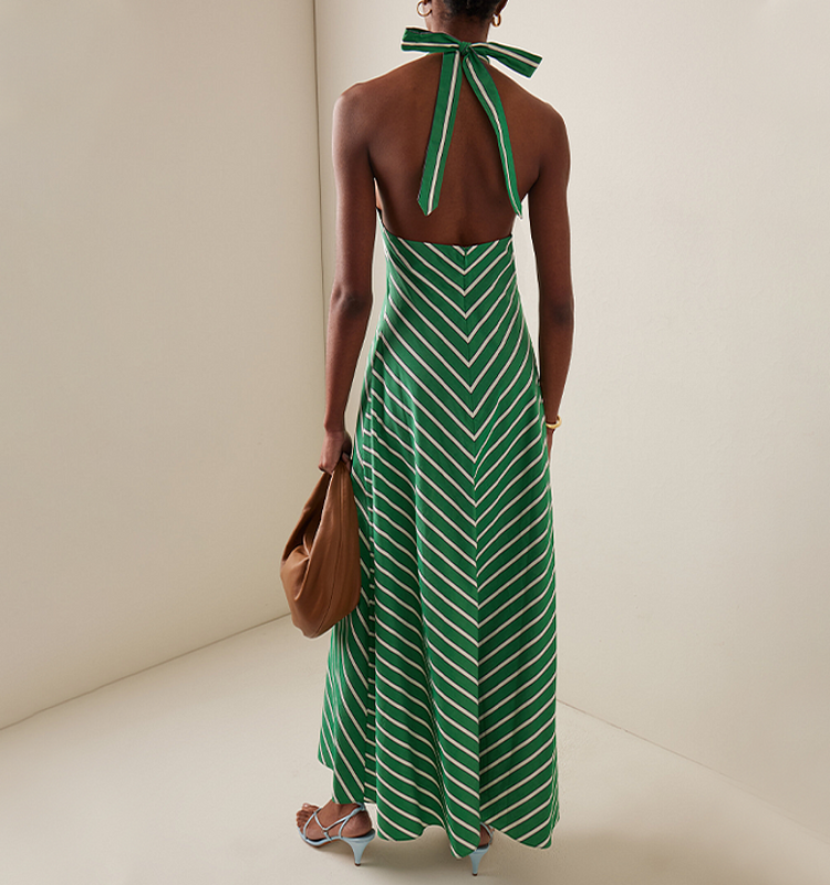 Halter Striped Print Midi Dress