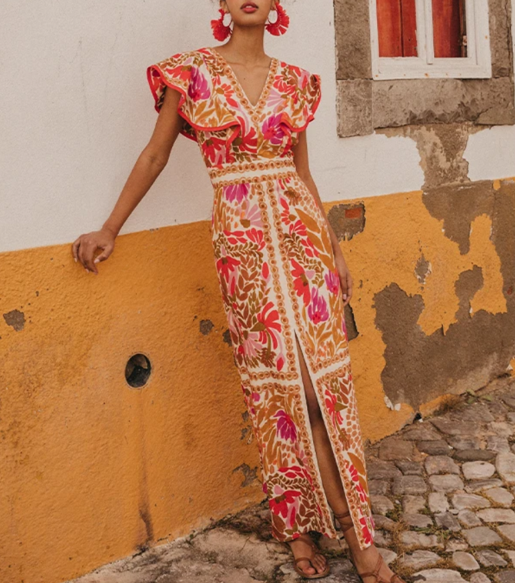 V Neck Retro Printed Backless Dress