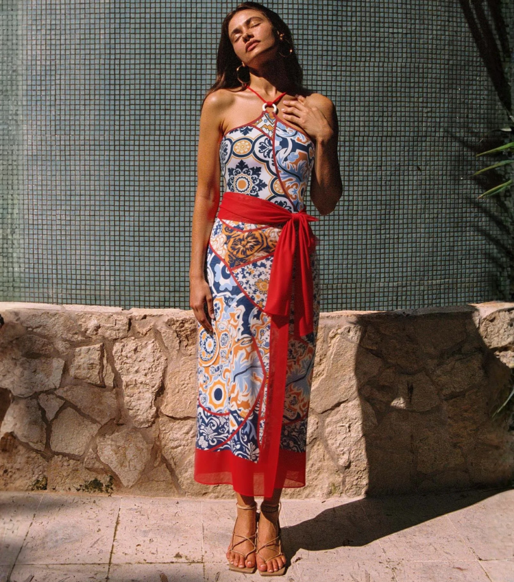 Printed Halter One Piece Swimsuit and Sarong Flaxmaker