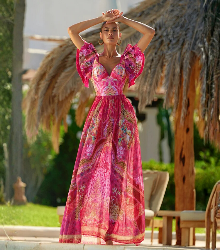 Ruffled Rose Red Blooming Flower Print One Piece Swimsuit and Skirt