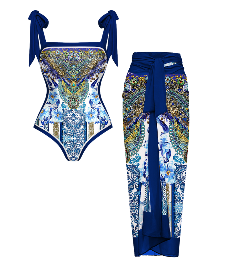 Reversible Tie-shoulder One Piece Swimsuit and Sarong Flaxmaker