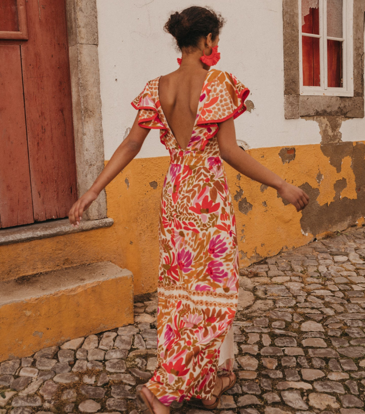 V Neck Retro Printed Backless Dress