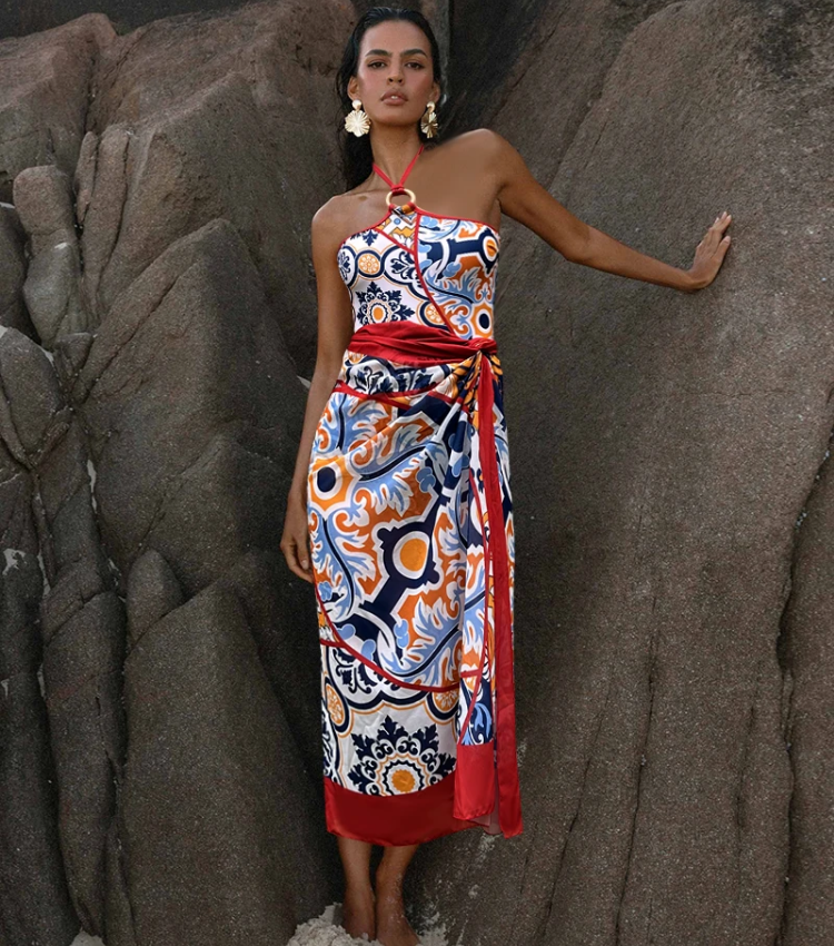 Printed Halter One Piece Swimsuit and Sarong Flaxmaker