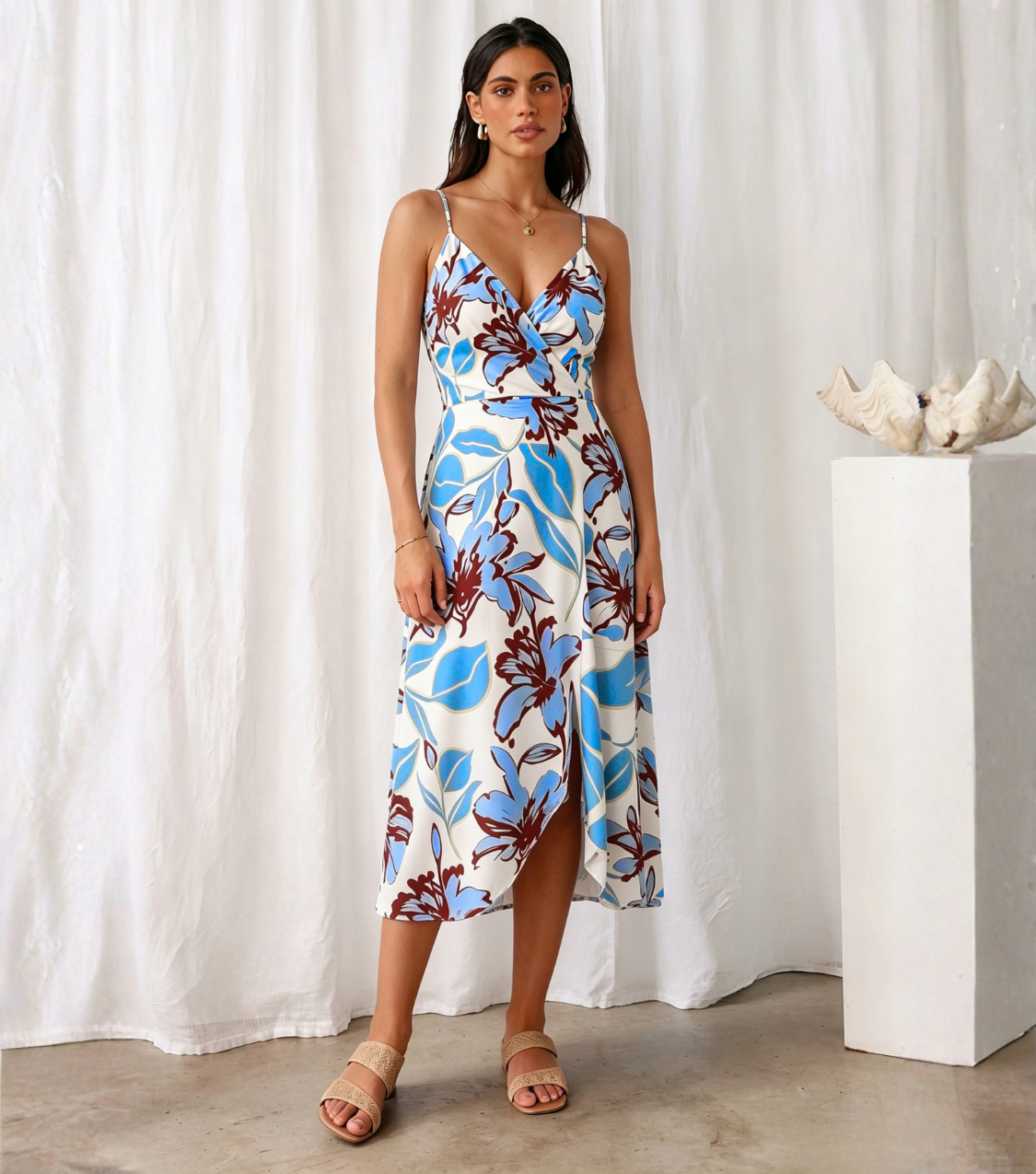 Blue & Red Floral Wrap Front Spaghetti Strap Midi Dress