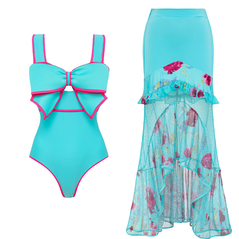 Bow Decor Blue and Pink One Piece Swimsuit and Skirt