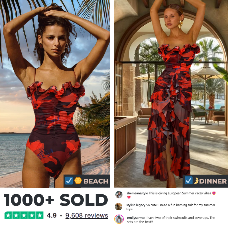 Lily Contrast Print Fabric Patchwork One Piece Swimsuit and Skirt