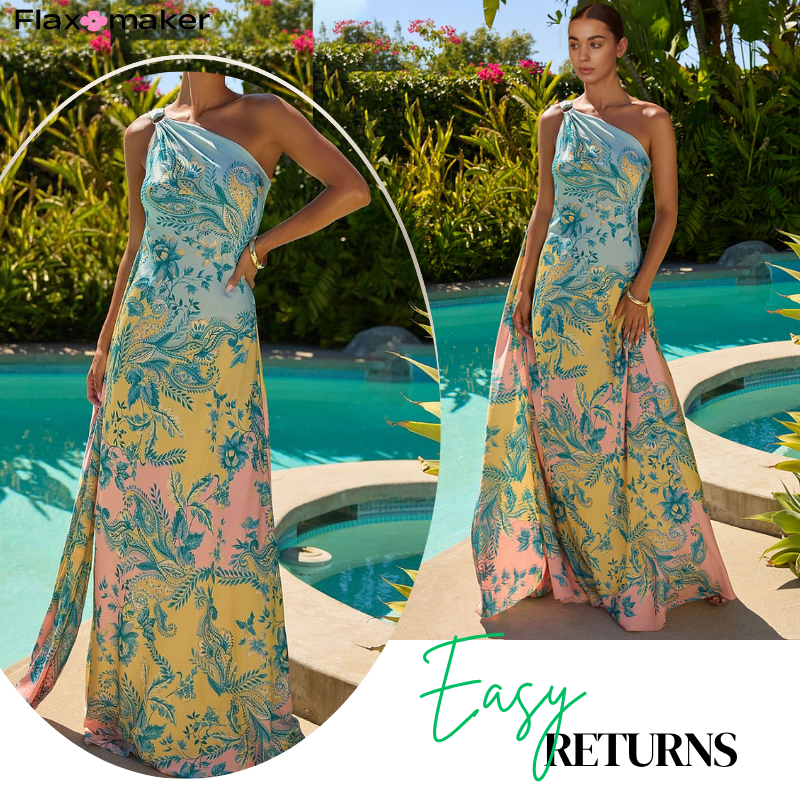 Oblique Shoulder  Printed Dress