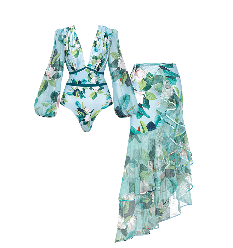Long-sleeved Mangnolia Print One Piece Swimsuit and Skirt