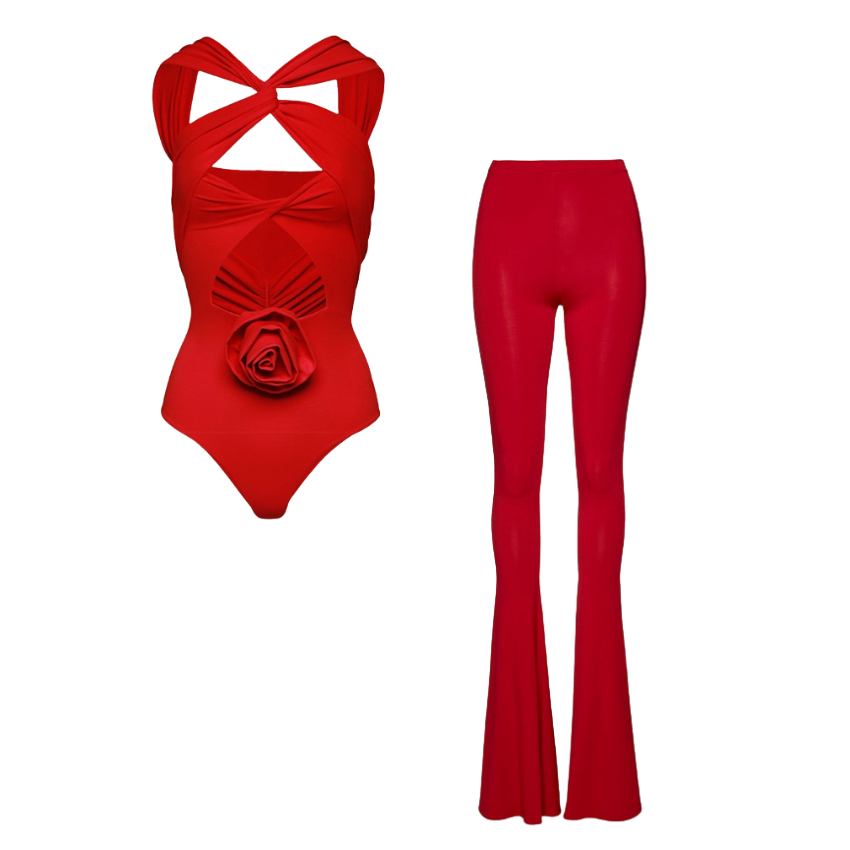 3D Flower Cut Out Cross Straps One Piece Swimsuit and Pants Flaxmaker