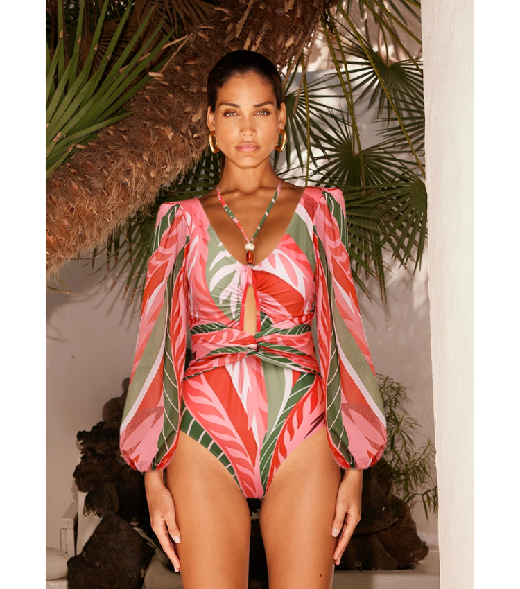 Long-sleeved Artificial Stone Decor One Piece Swimsuit and Skirt Flaxmaker