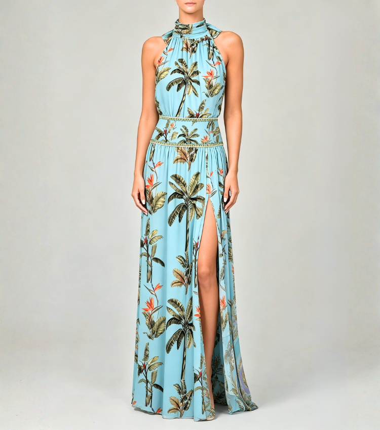 Light Blue Tropical Palm Halter Slit Maxi Dress