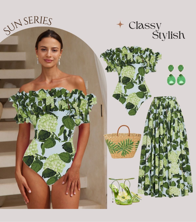 Off Shoulder Hydrangea Print Ruffle One Piece Swimsuit and Skirt Flaxmaker