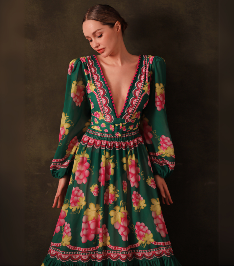 Long-sleeved Retro Green Grapes Print One Piece Swimsuit and Skirt