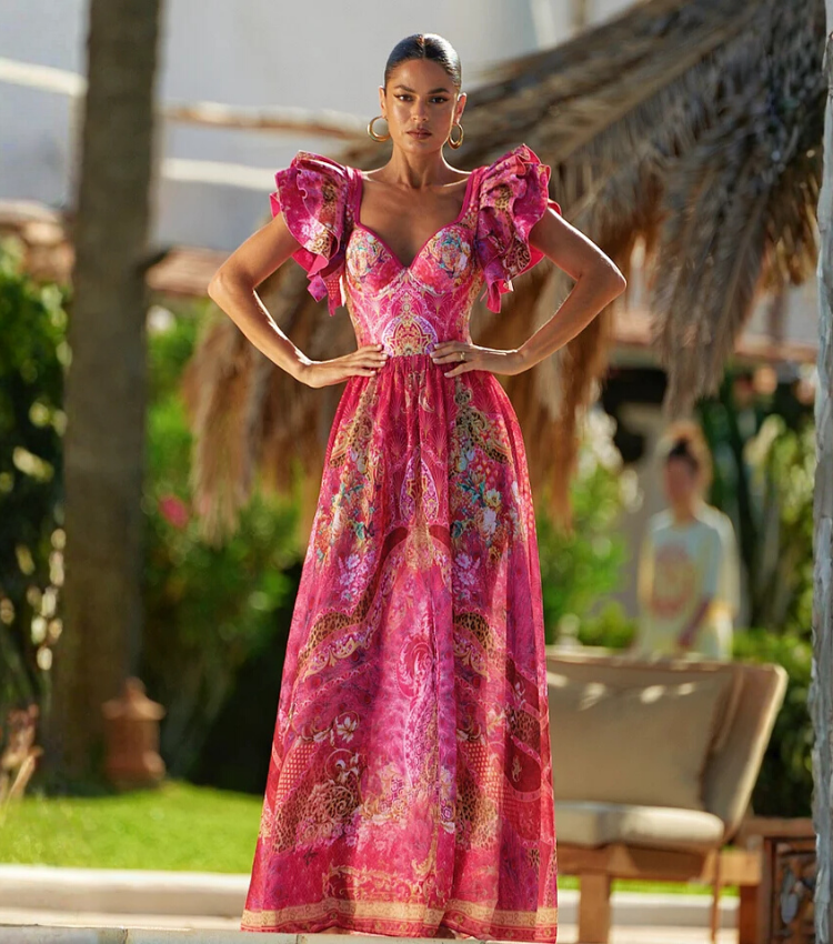 Ruffled Rose Red Blooming Flower Print One Piece Swimsuit and Skirt