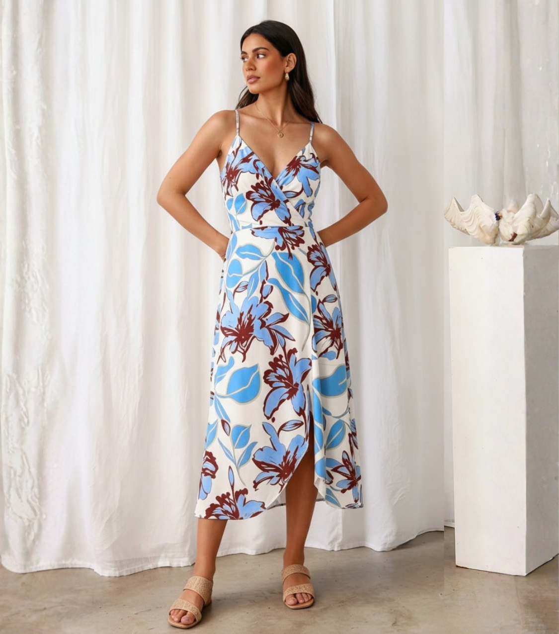 Blue & Red Floral Wrap Front Spaghetti Strap Midi Dress