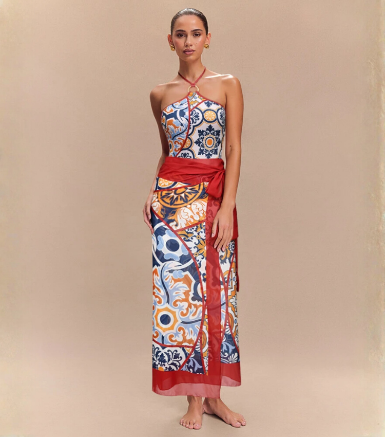 Printed Halter One Piece Swimsuit and Sarong Flaxmaker