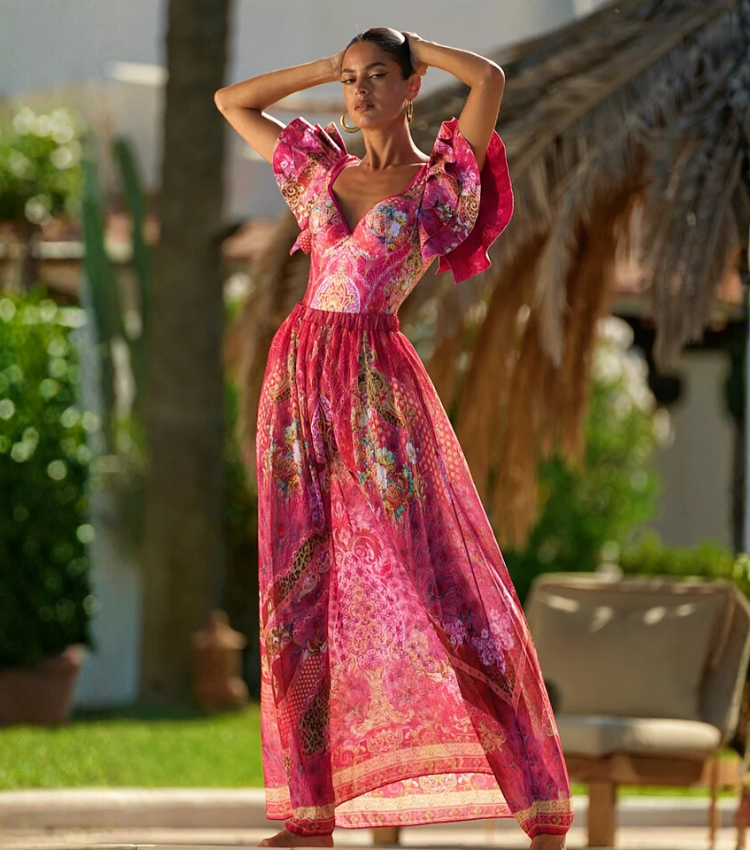 Ruffled Rose Red Blooming Flower Print One Piece Swimsuit and Skirt