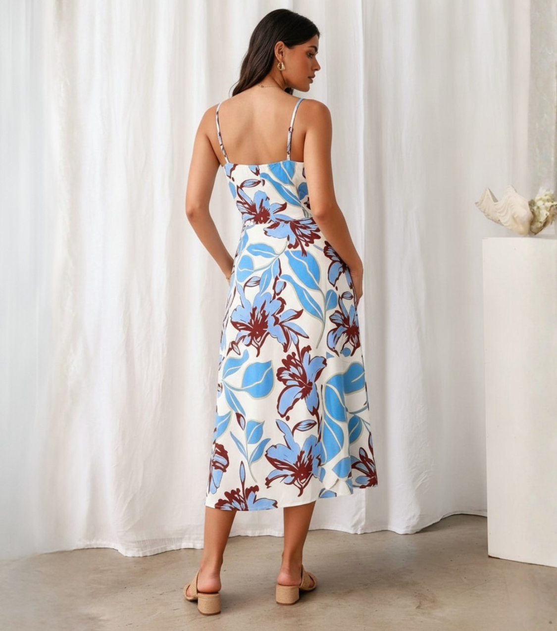 Blue & Red Floral Wrap Front Spaghetti Strap Midi Dress