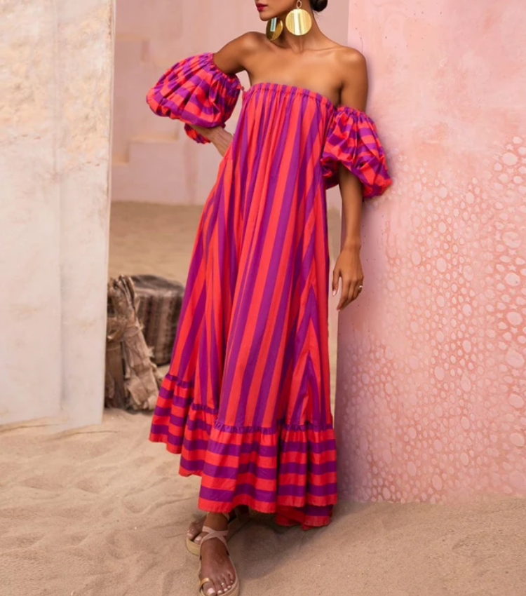 Detachable Sleeves Three-way Color Block Striped Maxi Dress