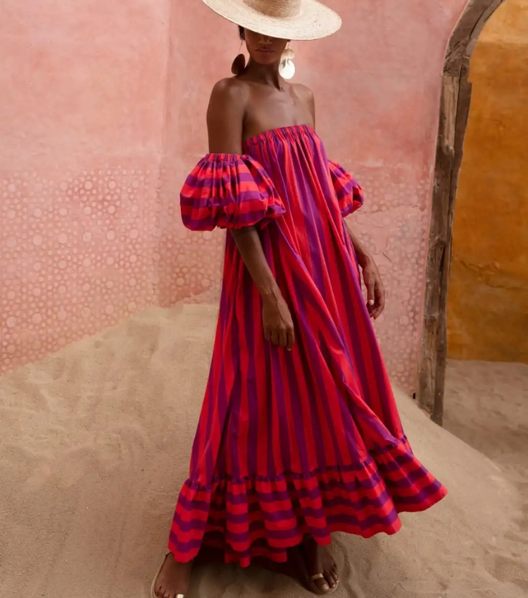 Detachable Sleeves Three-way Color Block Striped Maxi Dress