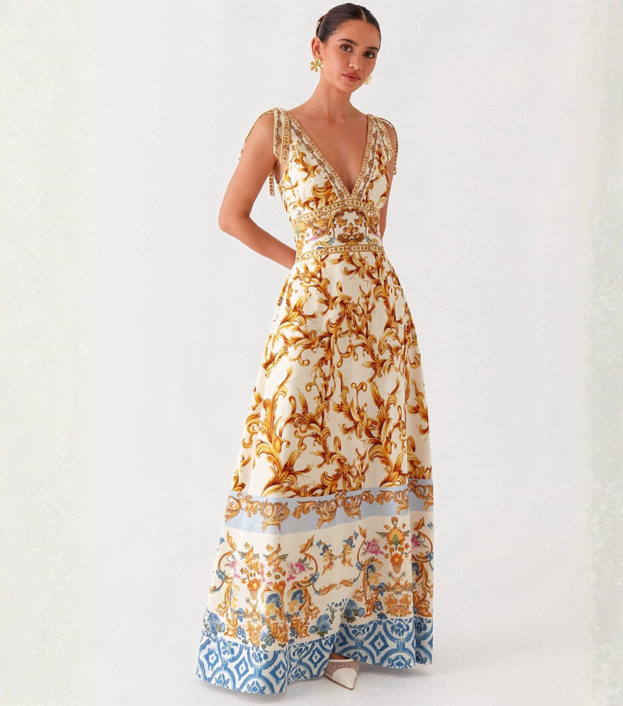 Gold Baroque-print lace-up V-neck maxi dress