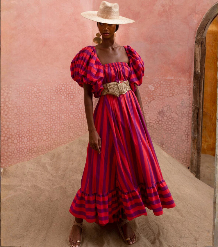 Detachable Sleeves Three-way Color Block Striped Maxi Dress