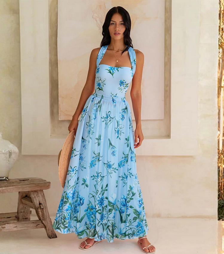 Two Ways Bowknot Floral Printed One Piece Swimsuit and Skirt