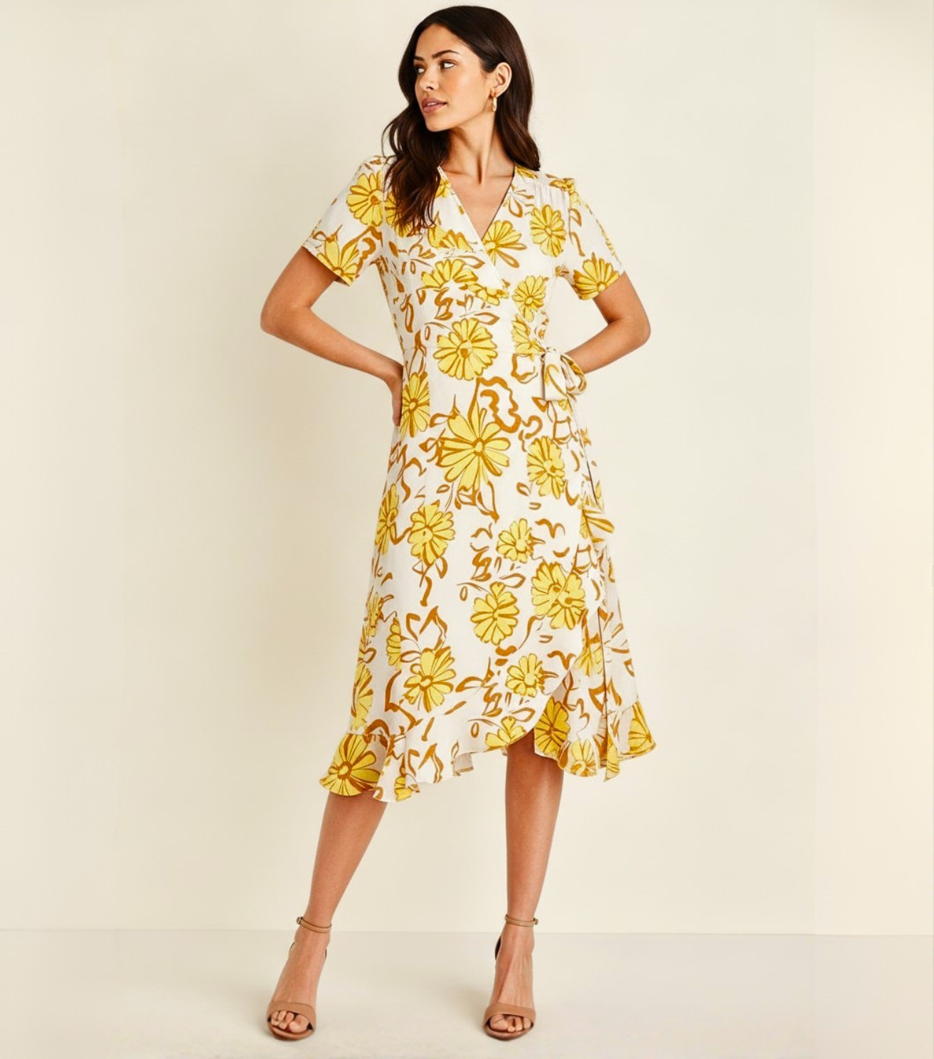 Yellow Floral Wrap Front Short Sleeve Midi Dress