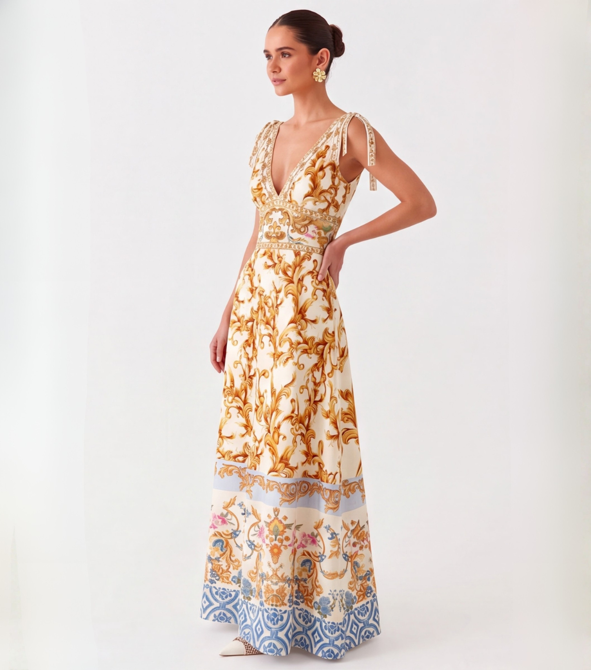 Gold Baroque-print lace-up V-neck maxi dress
