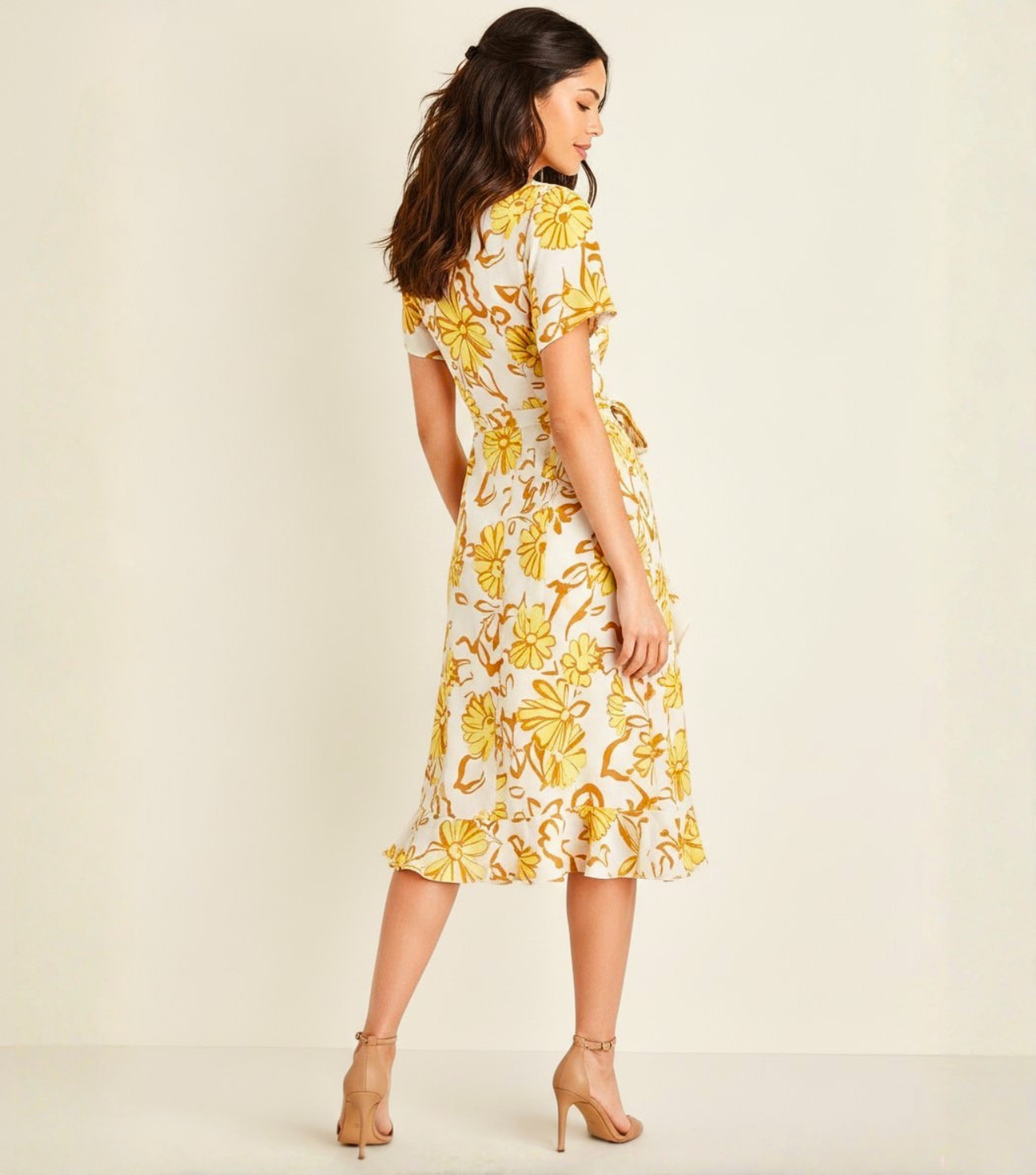 Yellow Floral Wrap Front Short Sleeve Midi Dress