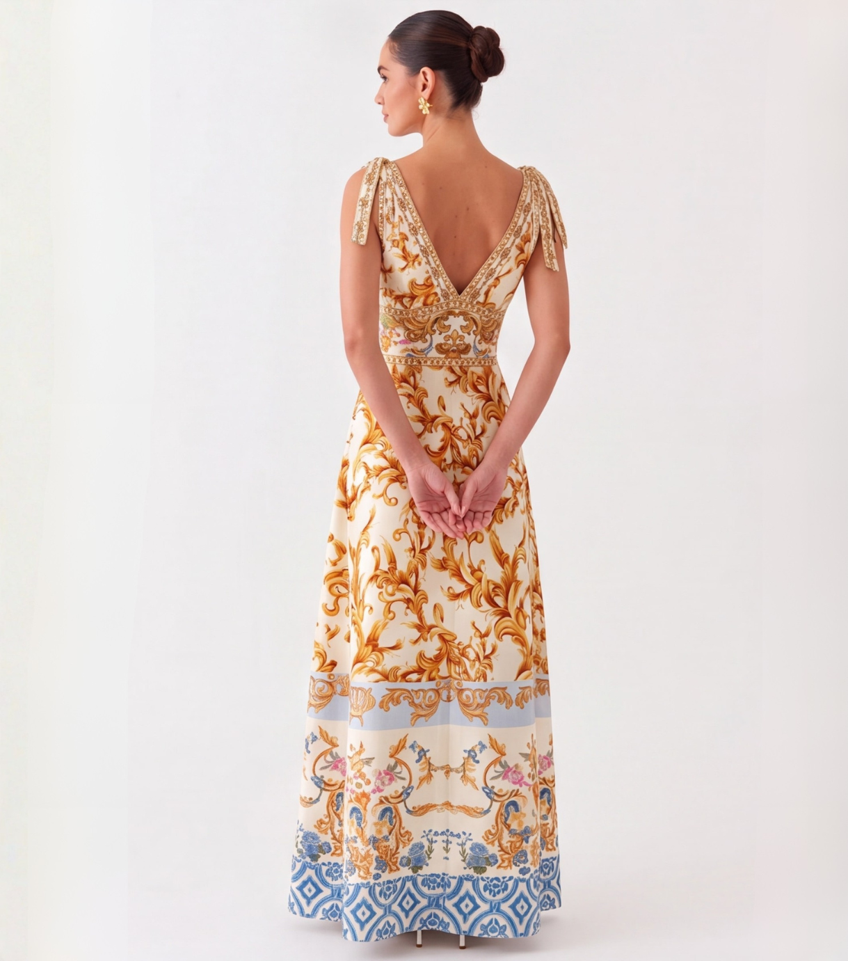 Gold Baroque-print lace-up V-neck maxi dress