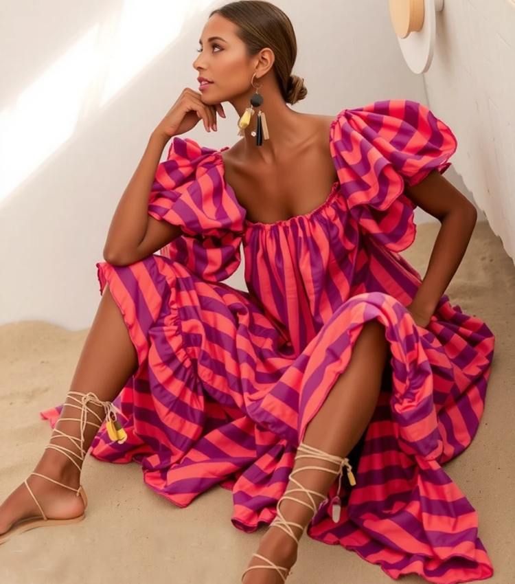 Detachable Sleeves Three-way Color Block Striped Maxi Dress