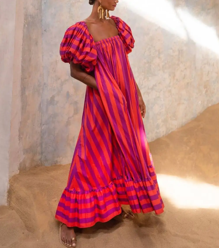 Detachable Sleeves Three-way Color Block Striped Maxi Dress