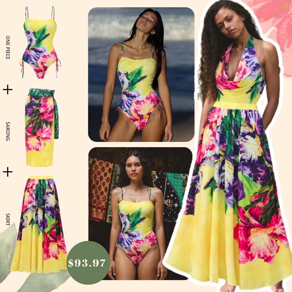 Yellow Oil Painting Flower Print Swimsuit and Sarong