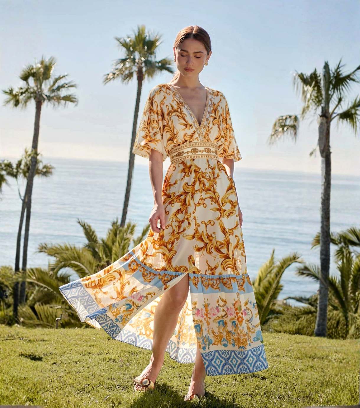 Golden Baroque Print Short Sleeve V-Neck Maxi Dress