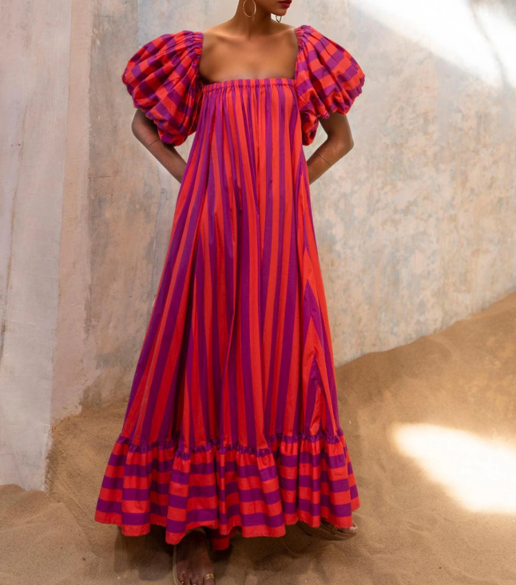 Detachable Sleeves Three-way Color Block Striped Maxi Dress