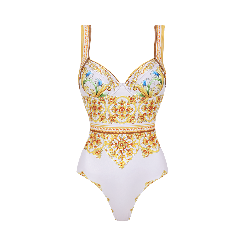 Sling Chest Support Golden Majolica Print One Piece Swimsuit and Sarong or Shorts