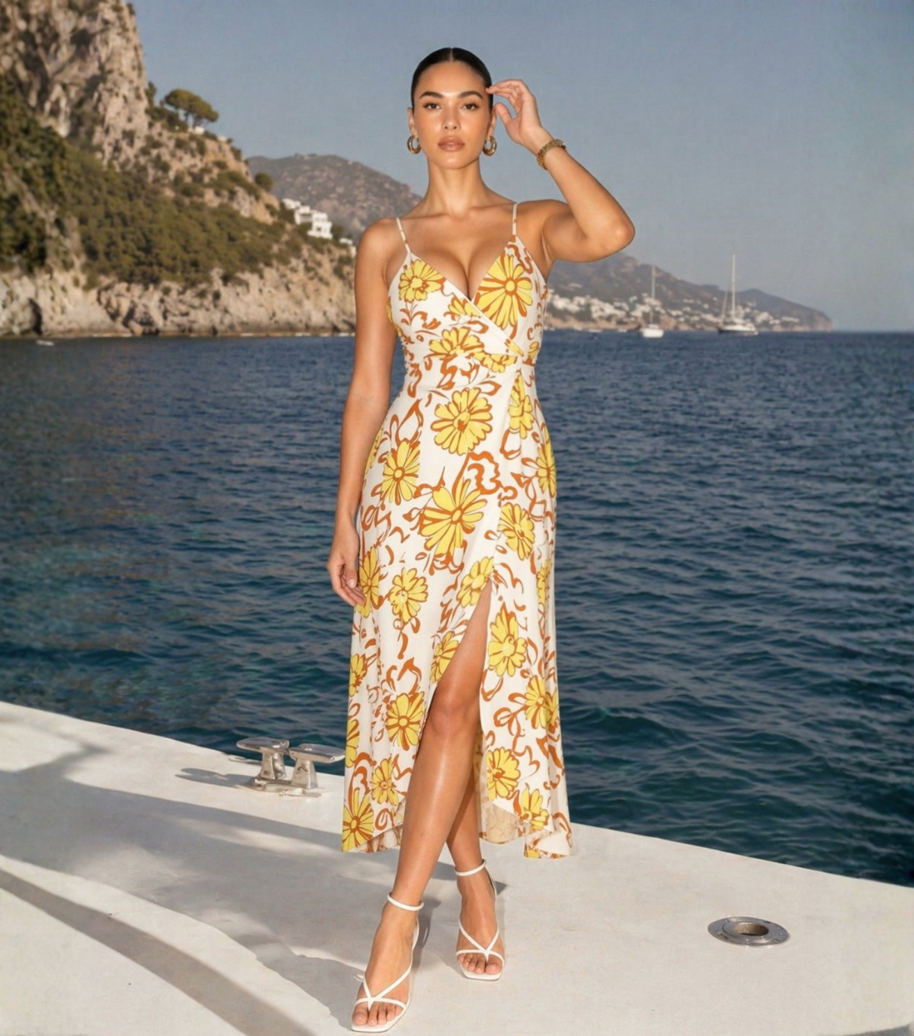 Yellow Floral Wrap Spaghetti Strap Midi Dress