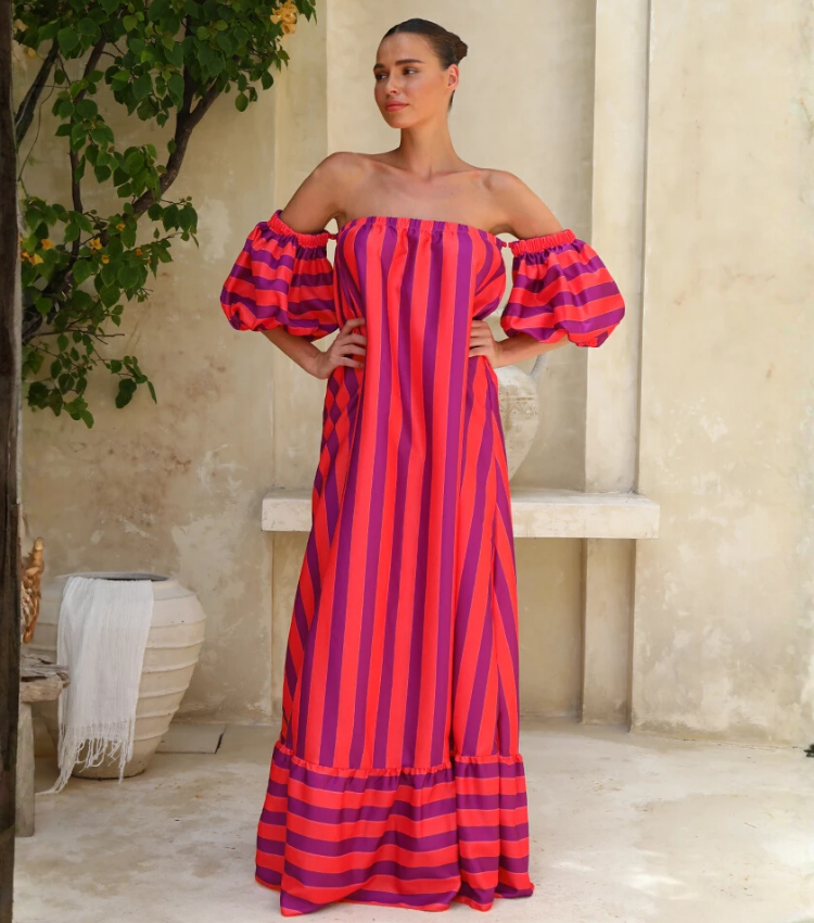 Detachable Sleeves Three-way Color Block Striped Maxi Dress