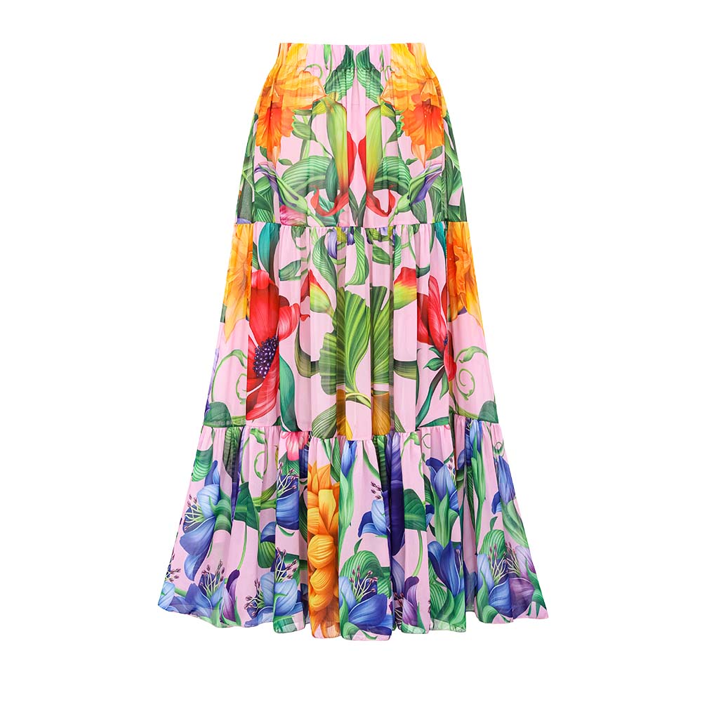 V-neck Long Sleeve Flowers Printed One Piece Swimsuit and Skirt Flaxmaker