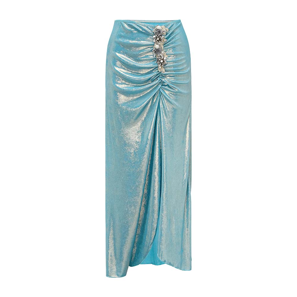 Blue Shiny Beaded Flowers Deep V-neck One Piece Swimsuit and Split Skirt