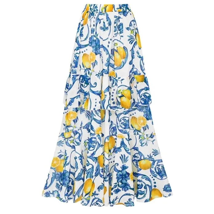 Lemon Print One Shoulder One Piece Swimsuit and Sarong or Skirt Flaxmaker