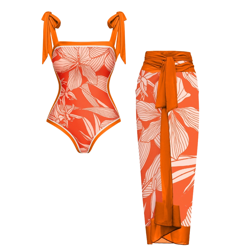 Tie Shoulder Orange Print One Piece Swimsuit and Sarong Flaxmaker