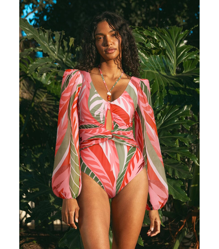 Long-sleeved Artificial Stone Decor One Piece Swimsuit and Skirt Flaxmaker