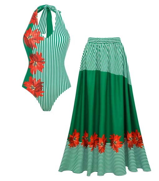 Plus Size Halter Blossom Print One Piece Swimsuit and Skirt/Pants