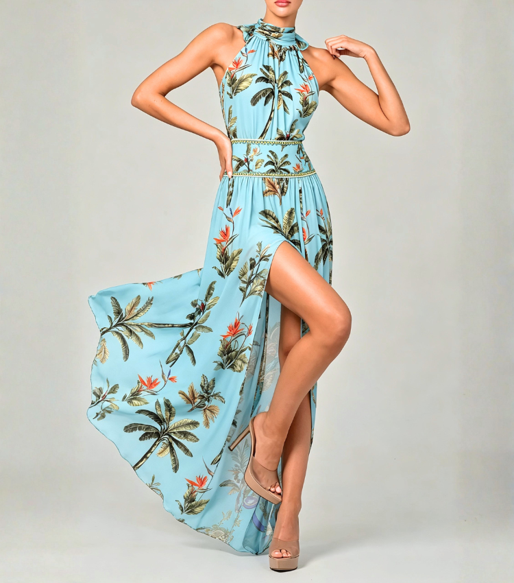 Light Blue Tropical Palm Halter Slit Maxi Dress