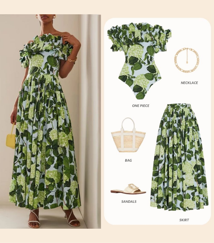 Off Shoulder Hydrangea Print Ruffle One Piece Swimsuit and Skirt Flaxmaker