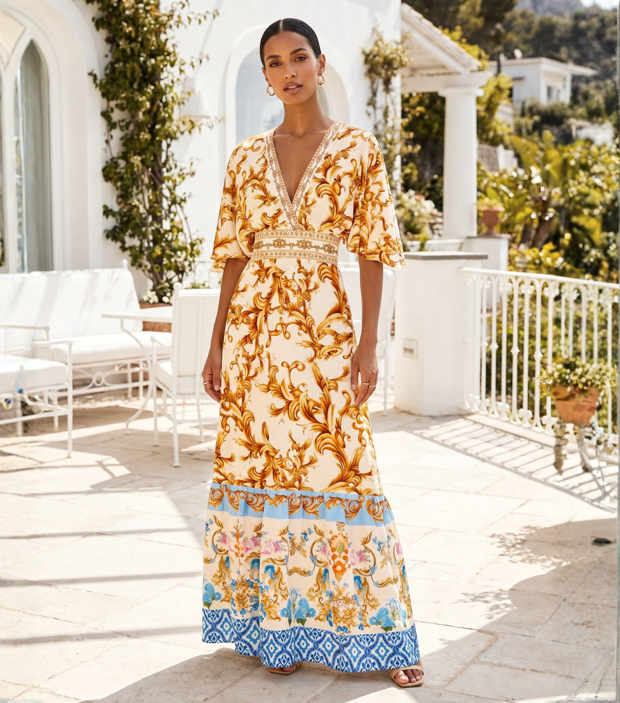 Golden Baroque Print Short Sleeve V-Neck Maxi Dress